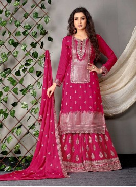 Pink Color Chinnon Embroidered Palazzo Suit