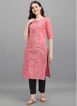 Pink Color Cotton Embroidered Kurti