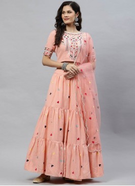 Pink Color Cotton Embroidered Party Wear Lehenga