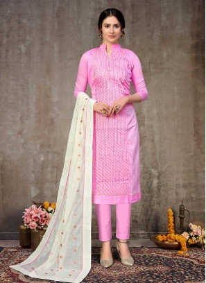 Pink Color Cotton Embroidered Unstitched Suit