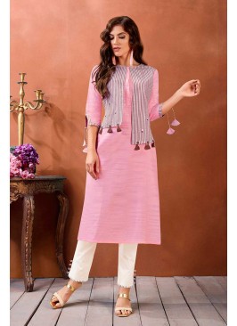 Pink Color Cotton Kurti With Bottom