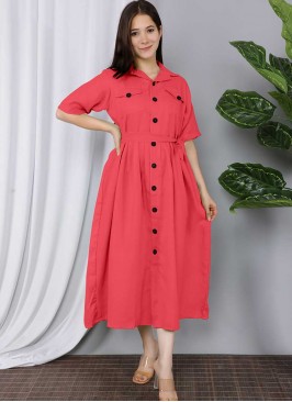 Pink Color Cotton Kurti With Button