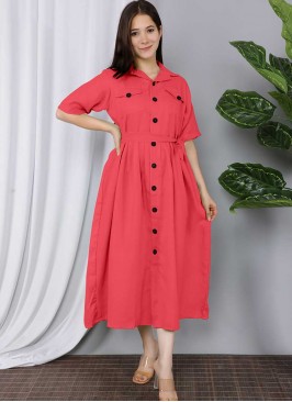 Pink Color Cotton Kurti With Button