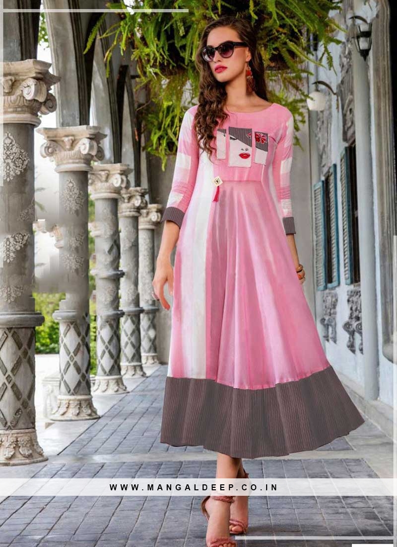 Pulchritudinous Peach & Navy Blue Cotton Full Stitched Printed Long Kurti  Design - RJ Fashion