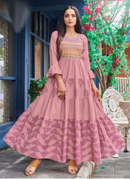 Pink Color Cotton Printed Daily Wear Gown