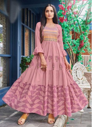Pink Color Cotton Printed Daily Wear Gown