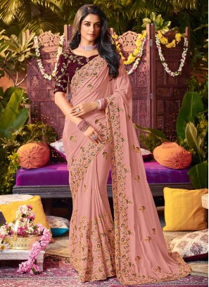 Pink Color Crepe Resham Work Saree