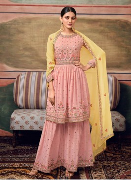 Pink Color Embroidered Georgette Sharara Dress