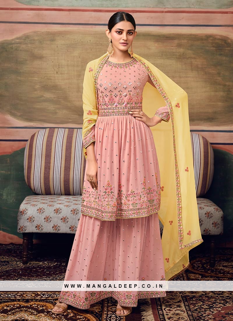 Pink Color Embroidered Georgette Sharara Dress