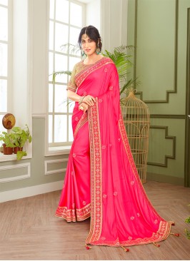 Pink Color Embroidered Saree For Ladies