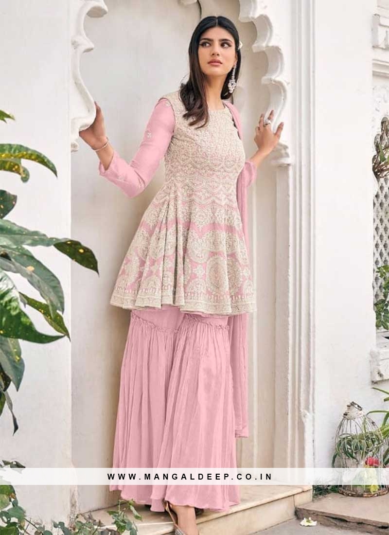 Pink Color Embroidered Sharara Dress