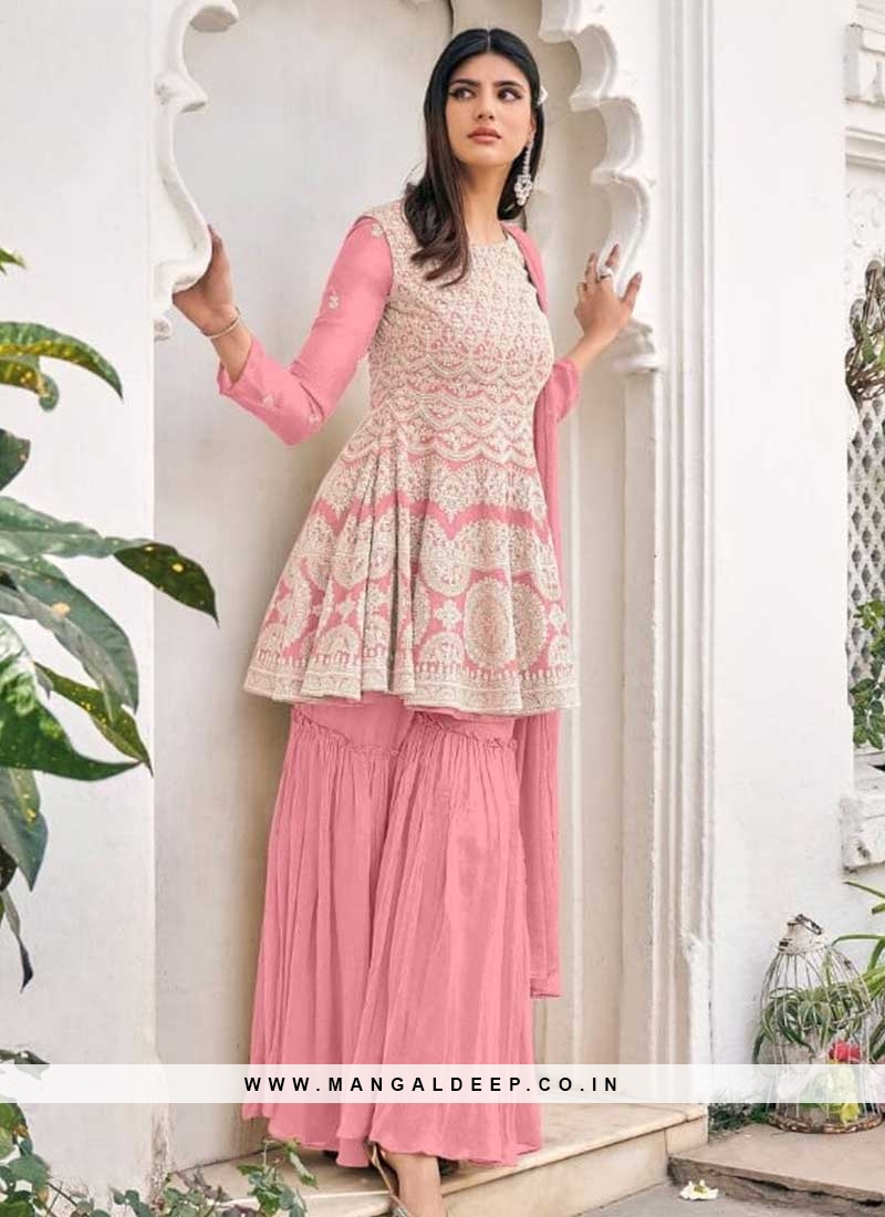 Pink Color Embroidered Sharara For Women