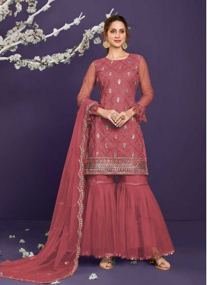 Pink Color Embroidered Sharara Suit