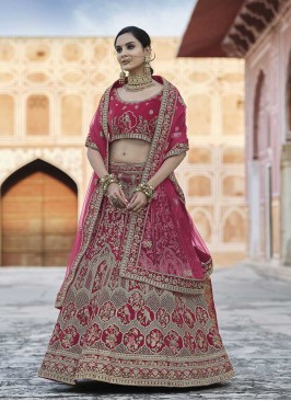 Pink Color Embroidered Velvet Wedding Lehenga