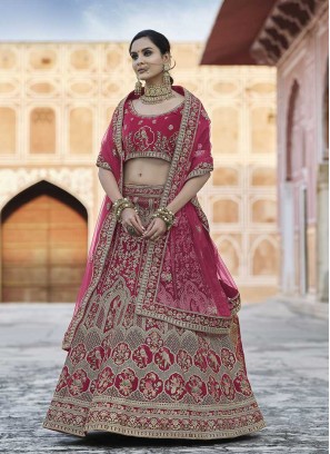 Pink Color Embroidered Velvet Wedding Lehenga