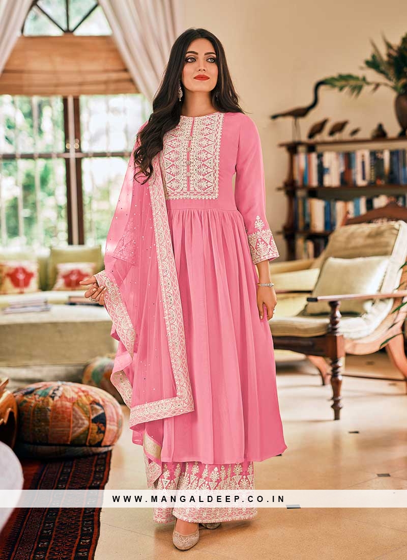 Pink Color Georgette Resham Work Dress Material