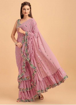 Pink Color Georgette Embroidered Ruffle Saree