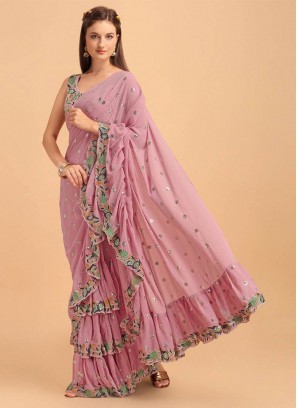Pink Color Georgette Embroidered Ruffle Saree