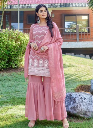 Pink Color Georgette Embroidered Sharara Suit