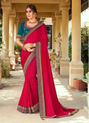 Pink Color Georgette Lace Border Saree