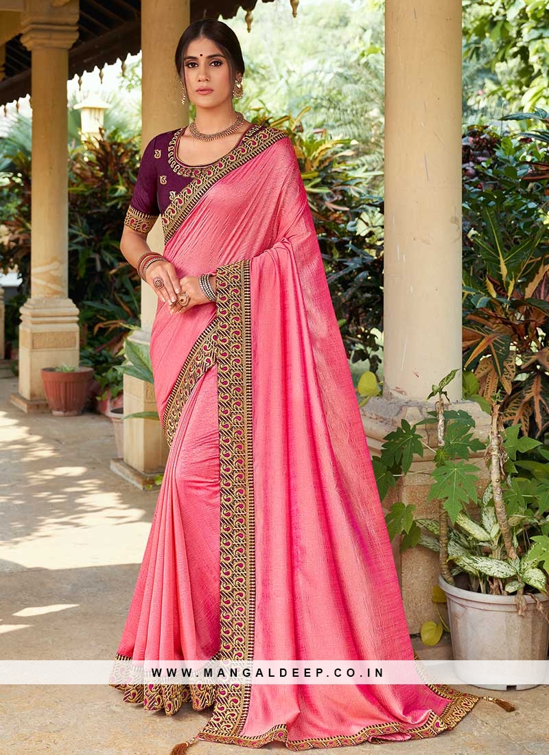 Pink Color Georgette Lace Border Saree