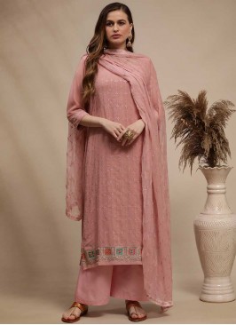 Pink Color Georgette Resham Work Dress Material