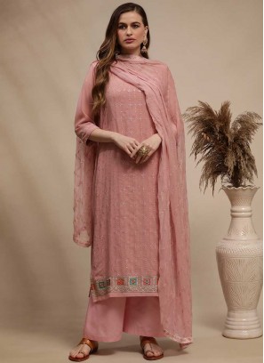 Pink Color Georgette Resham Work Dress Material