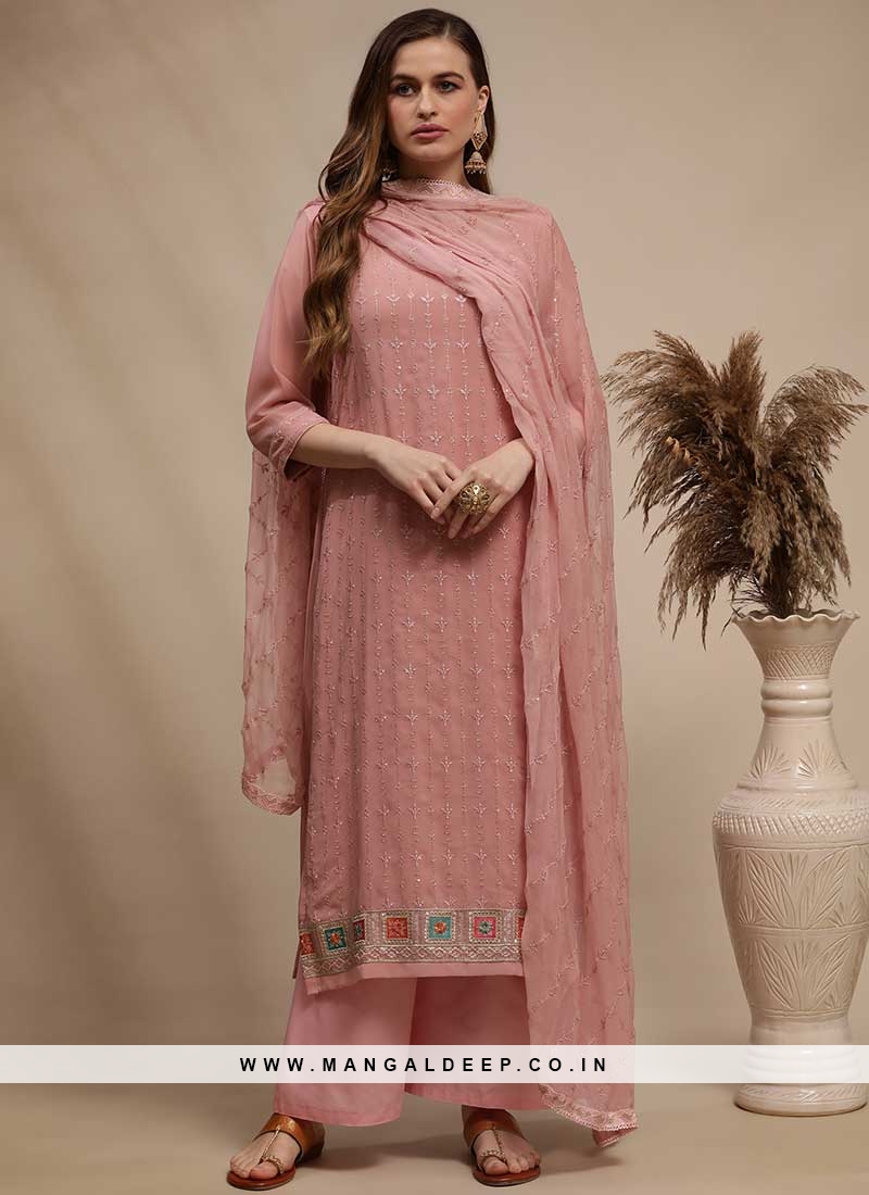 Pink Color Georgette Resham Work Dress Material
