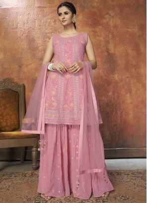 Pink Color Georgette Resham Work Palazzo Suit
