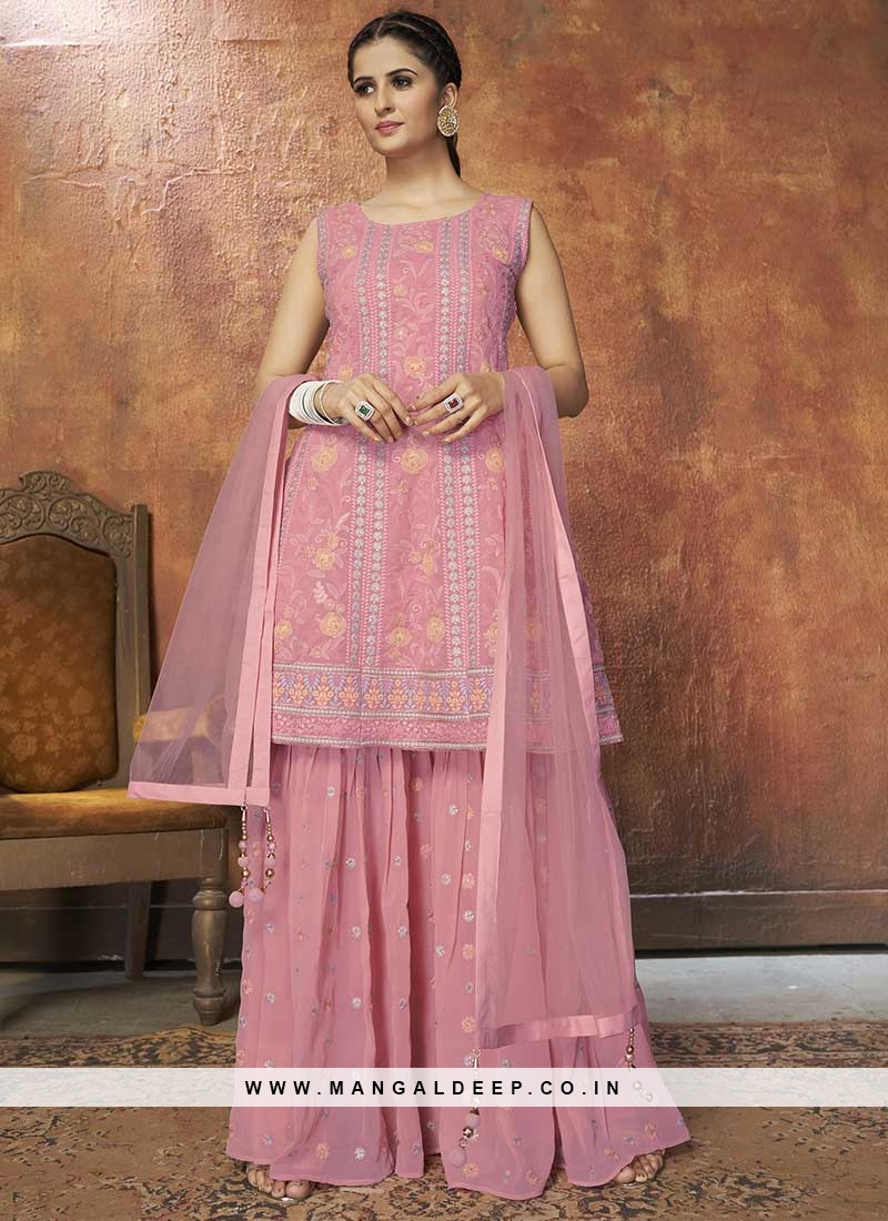 Pink Color Georgette Resham Work Palazzo Suit