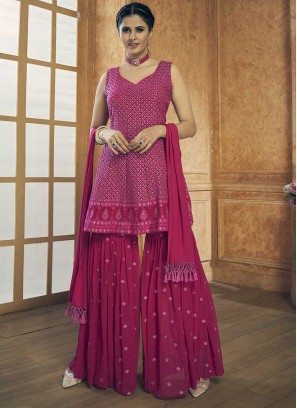 Pink Color Georgette Resham Work Sharara Suit