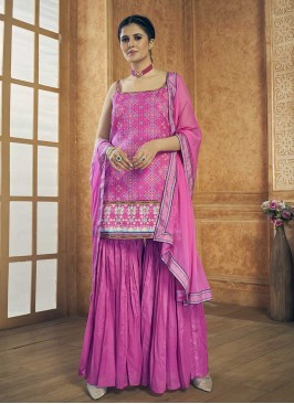 Pink Color Georgette Resham Work Sharara Suit