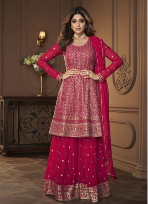 Pink Color Georgette Sequins Embroidered Plazzo Suit
