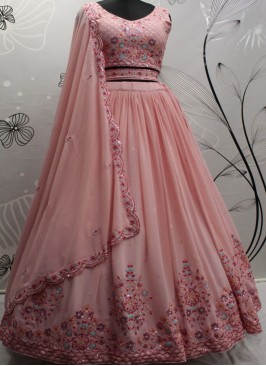 Pink Color  Georgette Sequins Embroidered Work Semi Stitch Lehenga Choli