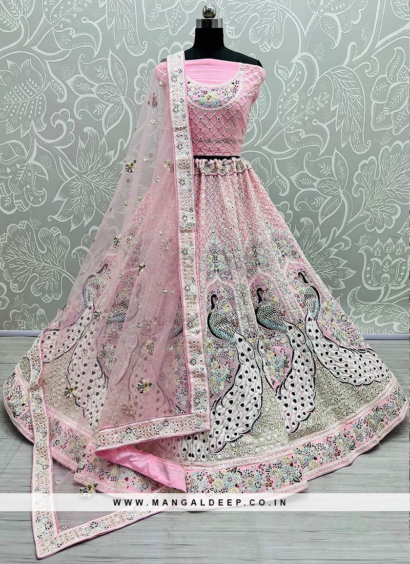 Pink Color Georgette Sequins Work Lehenga For Bride