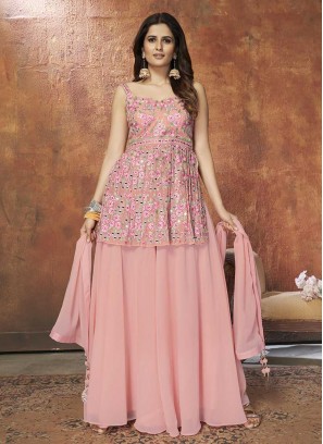 Pink Color Georgette Sequins Work Palazzo Suit