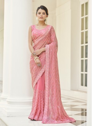 Pink Color Georgette Sequins Work Saree