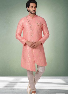 Pink Color Jacquard Silk Mens Sherwani