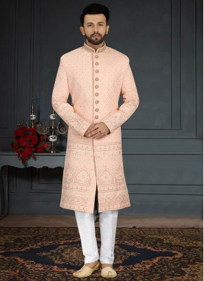 Pink Color Jacquard Silk Merrige Sherwani