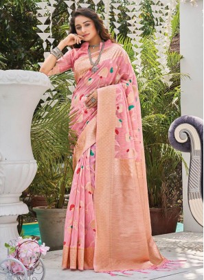 Pink Color Linen Wevon Saree For Women