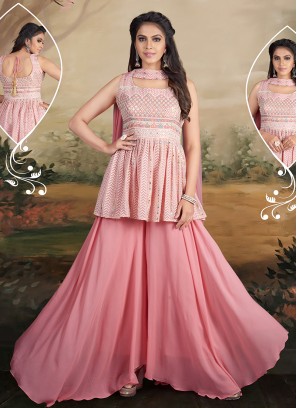 Pink Color Lucknowi Work Plazzo Suit
