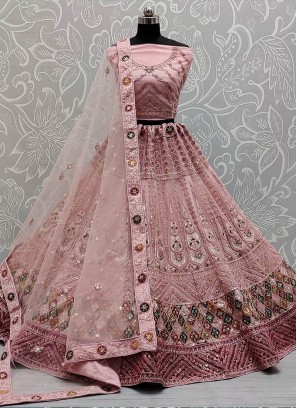 Pink Color Net Embroidered Bridal Lehenga