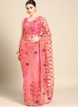 Pink Color Net Embroidered Party Wear Saree