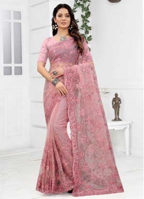 Pink Color Net Embroidered Saree