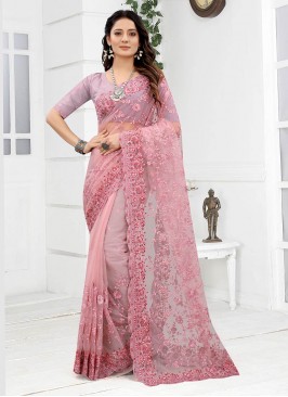 Pink Color Net Embroidered Saree