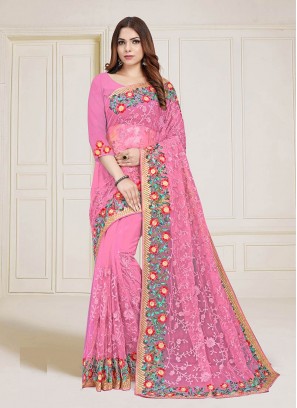Pink Color Net Embroidered Saree
