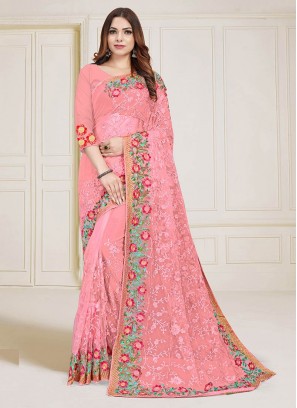 Pink Color Net Embroidered Saree