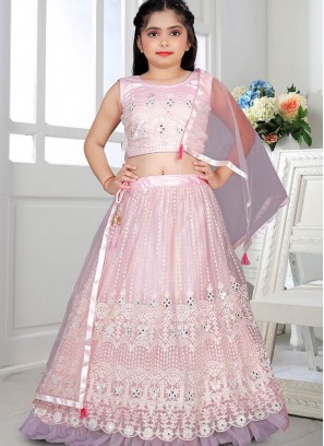 Pink Color Net Lucknowi Work Lehenga