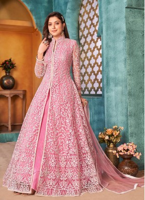 Pink Color Net Sequins Embroidered Long Suit