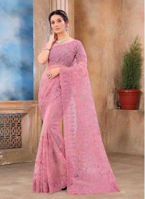 Pink Color Net Stylish Saree